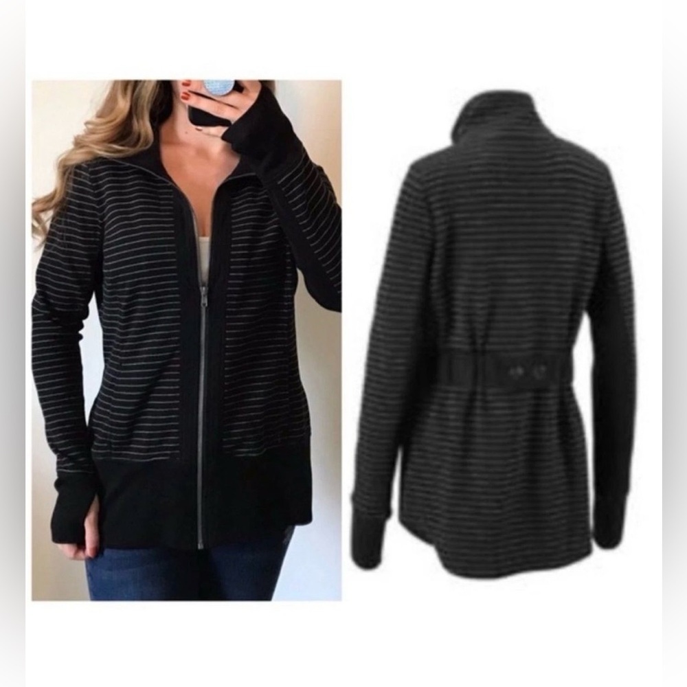 CAbi #3378 Sprint Jacket Medium Full Zip Stripe Curved Back Hem Pockets Black